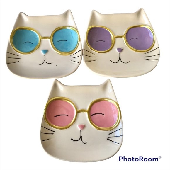 Ceramic Cat Trinket Dish Jewelry Tray Soap Dish Pink Blue Purple Cream Kitty - Picture 1 of 15